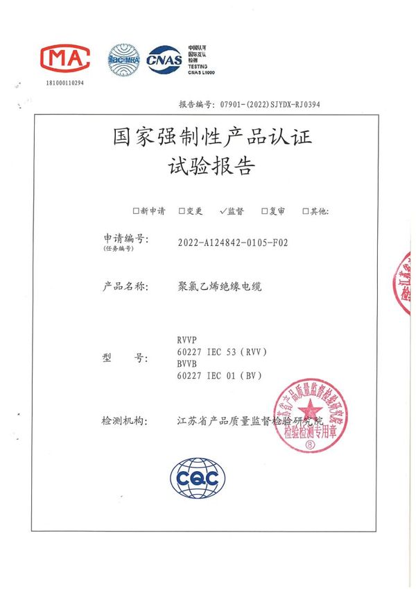 BVVB 2×2.5國家強制性產(chǎn)品認證試驗報告（2022）
